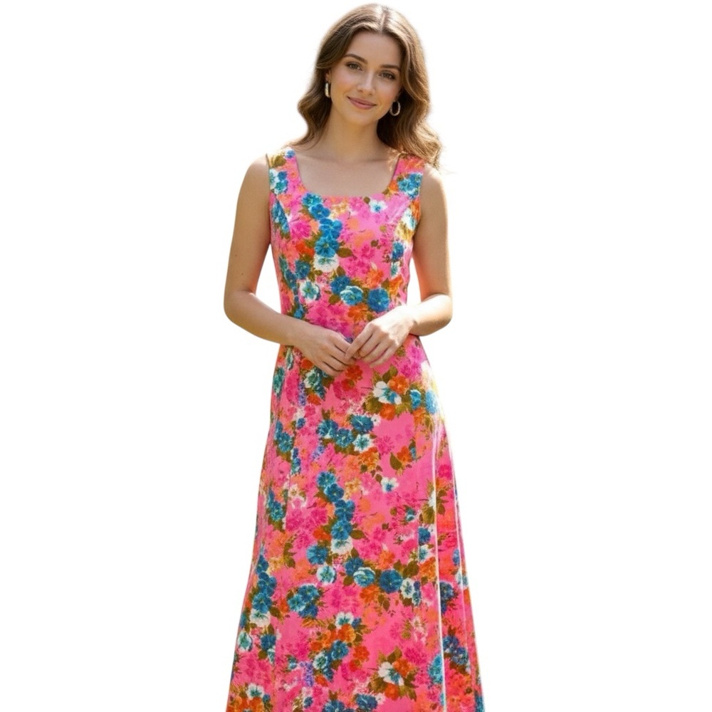 Vintage 60s 70s Hawaiian Floral Maxi Dress Barkcloth Pink Medium
